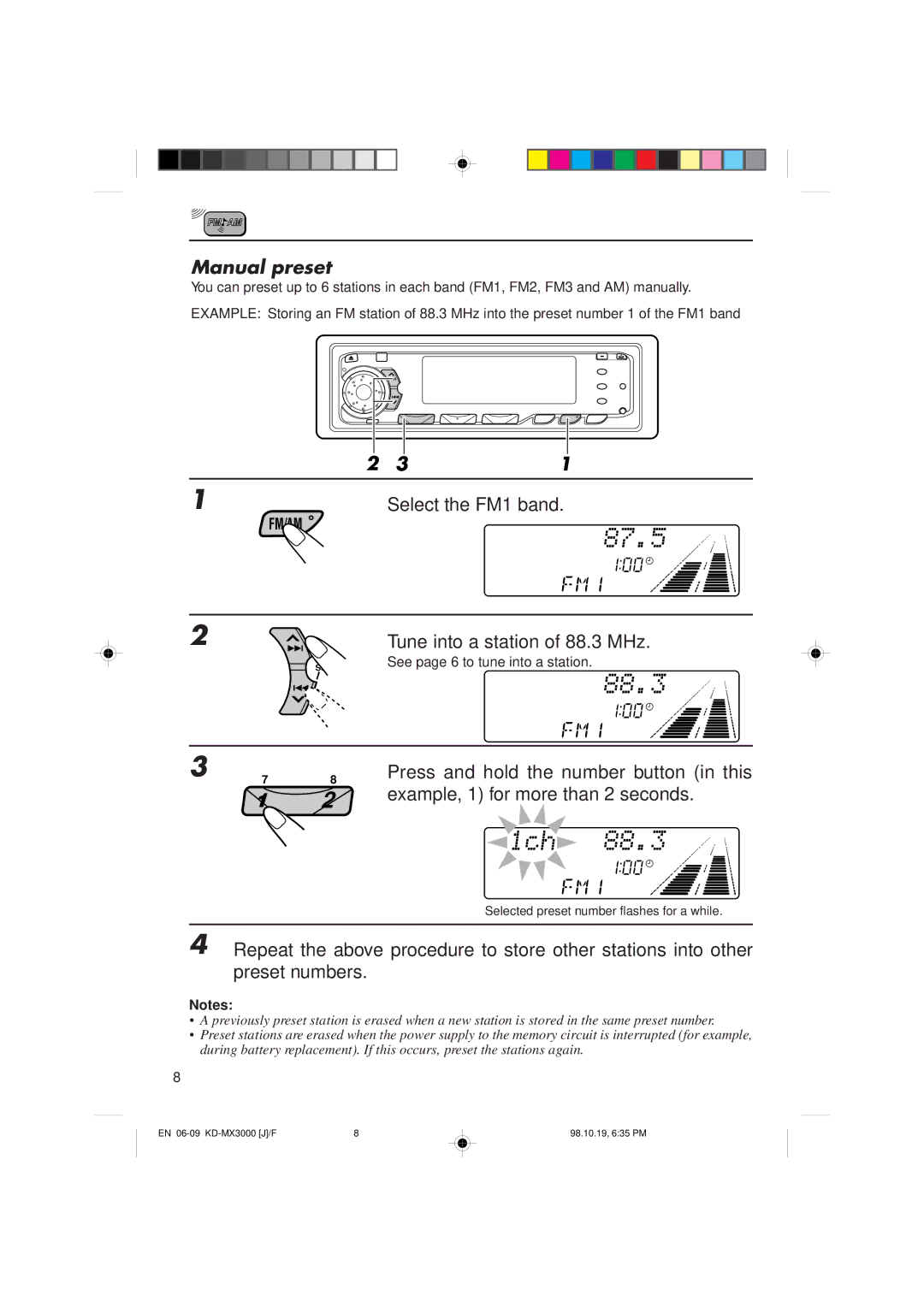 JVC KD-MX3000 manual Manual preset, Tune into a station of 88.3 MHz 