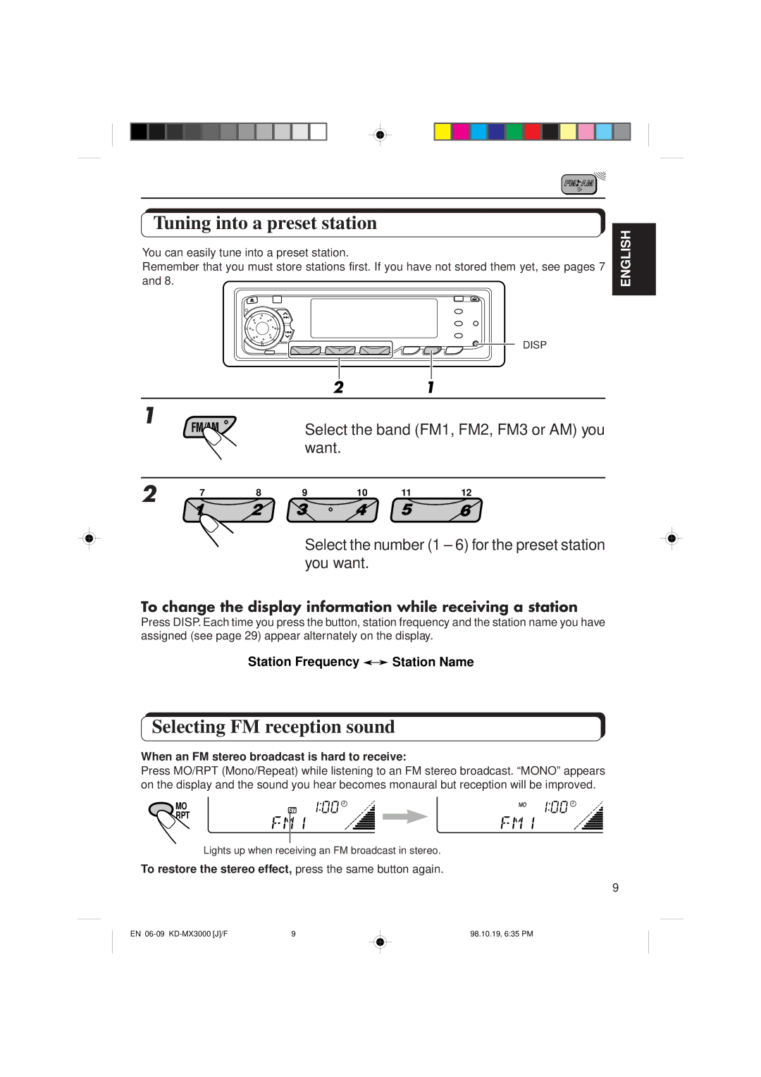 JVC KD-MX3000 manual Tuning into a preset station, Selecting FM reception sound 