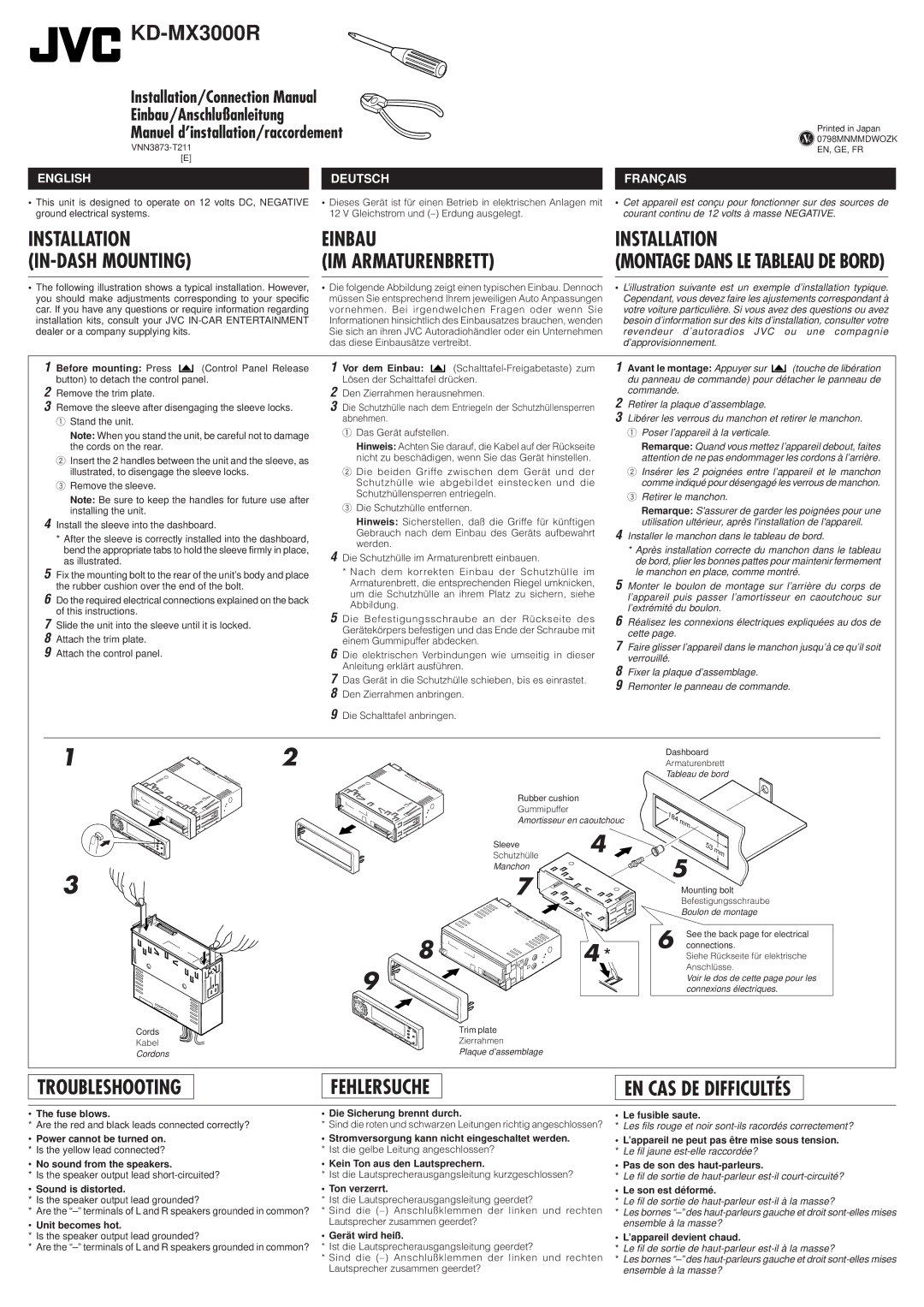 JVC KD-MX3000R manual Fuse blows, Sound is distorted, Unit becomes hot, Die Sicherung brennt durch, Ton verzerrt 