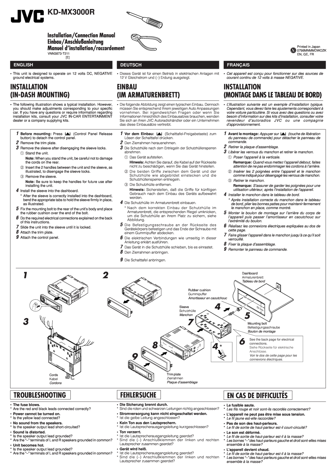 JVC KD-MX3000R manual Einbau Im Armaturenbrett, Installation, Troubleshooting, Fehlersuche, En Cas De Difficultés 