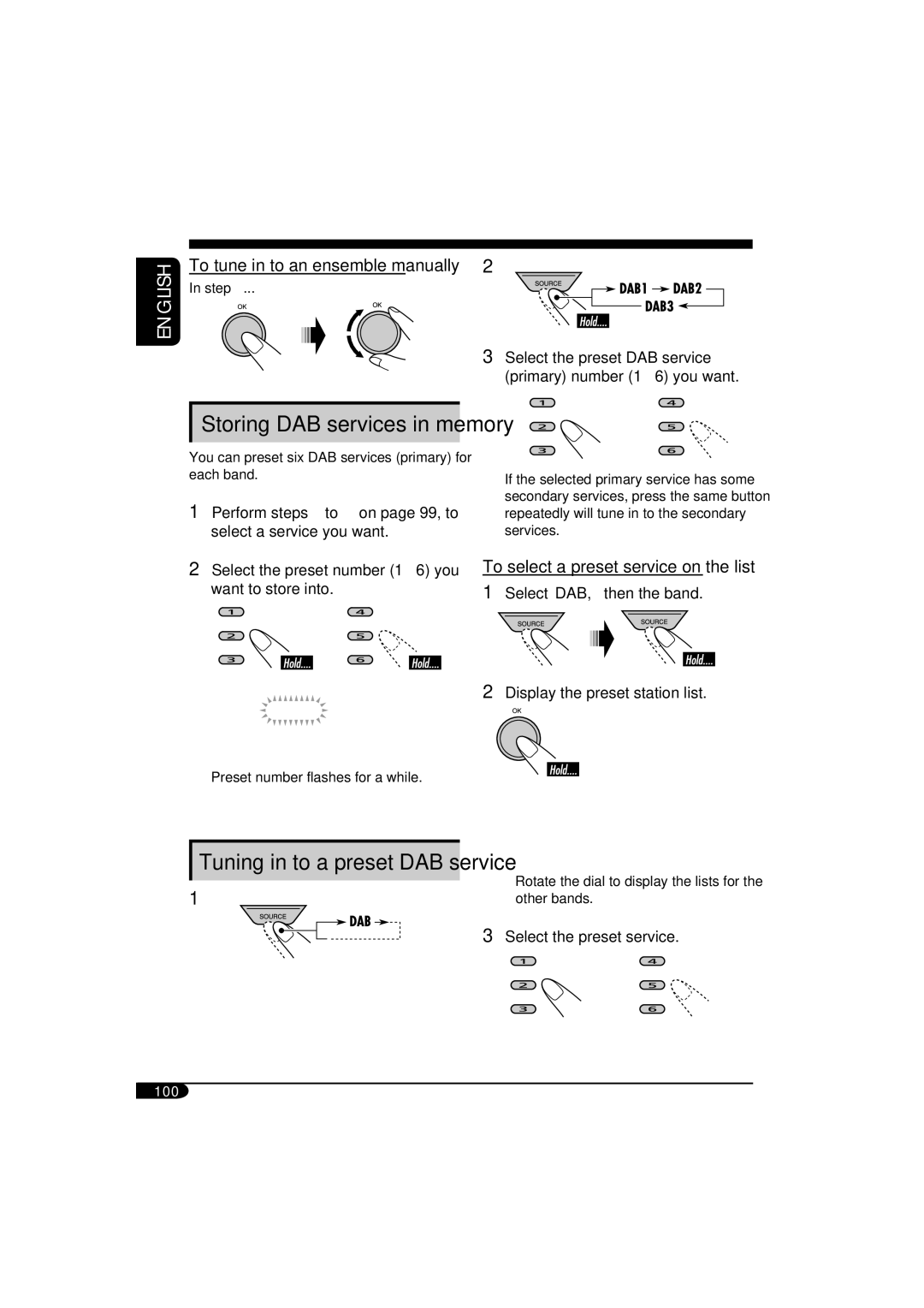 JVC KD-NX901 To tune in to an ensemble manually, Storing DAB services in memory, To select a preset service on the list 