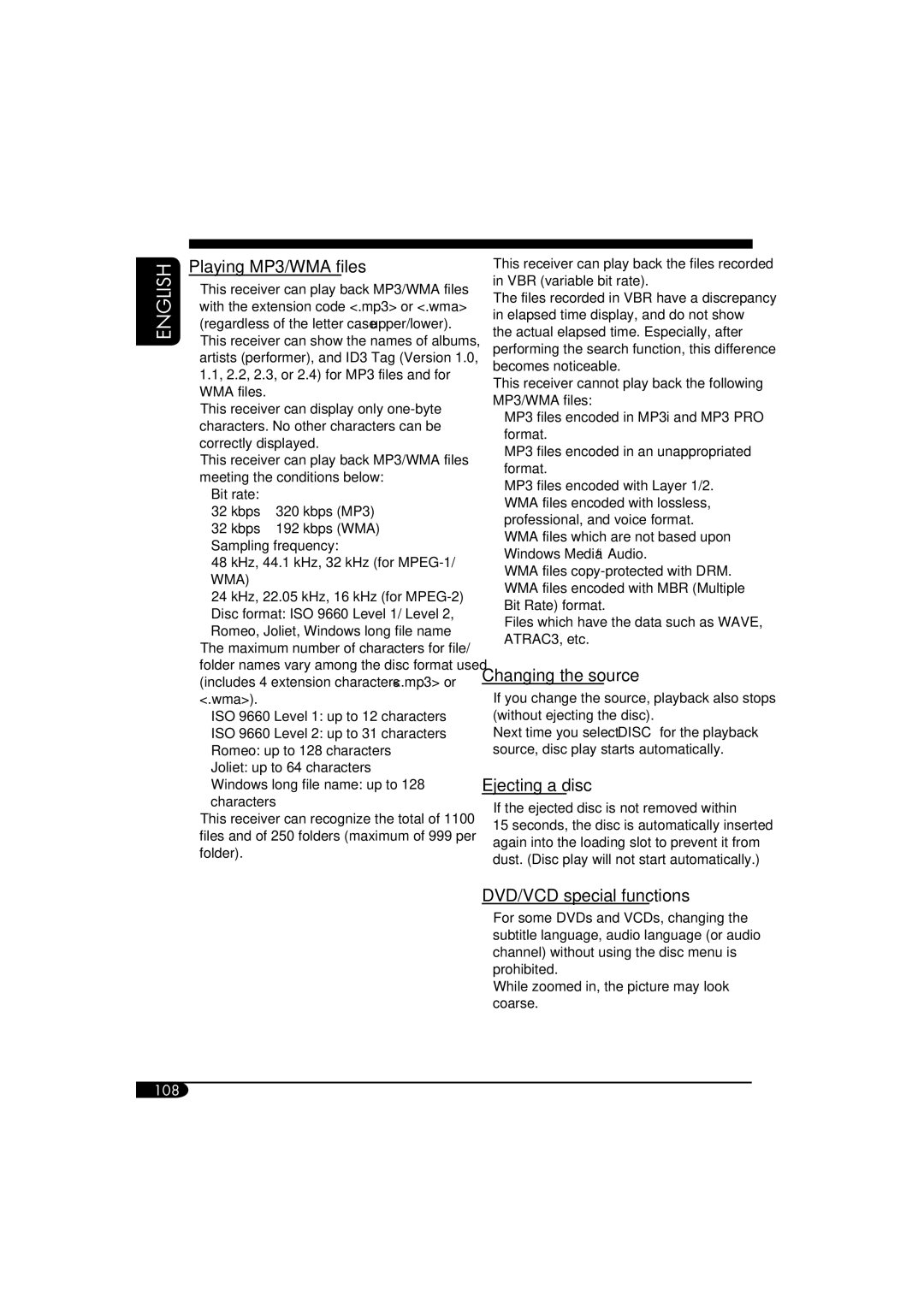 JVC KD-NX901 manual Playing MP3/WMA files, Changing the source, Ejecting a disc, DVD/VCD special functions 