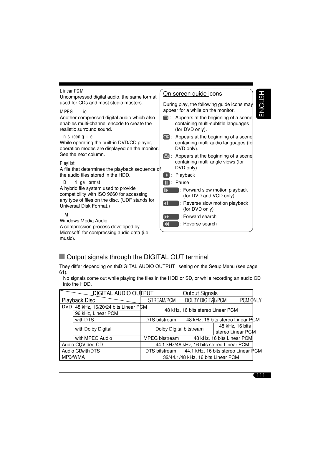 JVC KD-NX901 manual Output signals through the Digital OUT terminal, On-screen guide icons, Playback Disc 