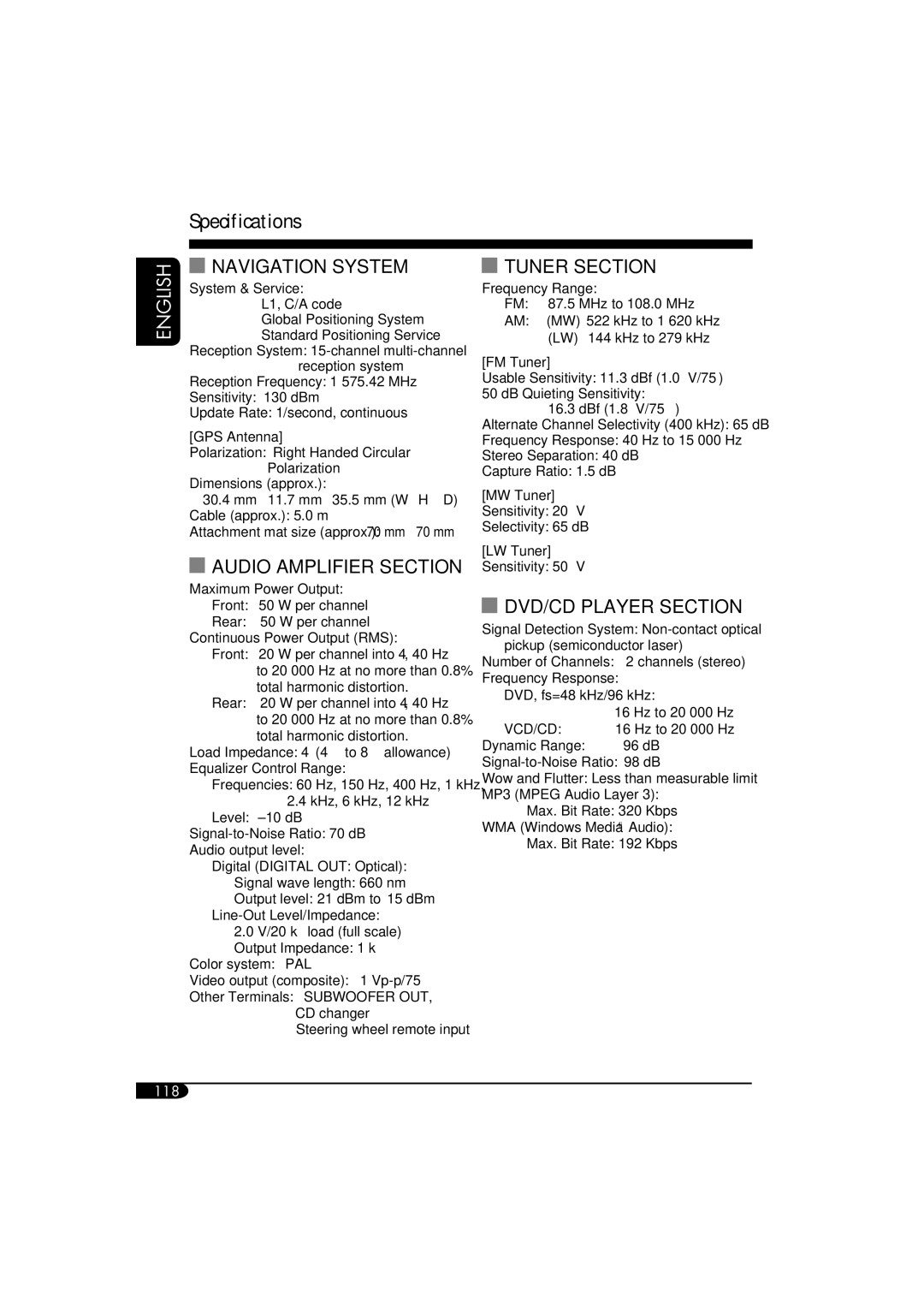 JVC KD-NX901 manual Specifications, Navigation System 