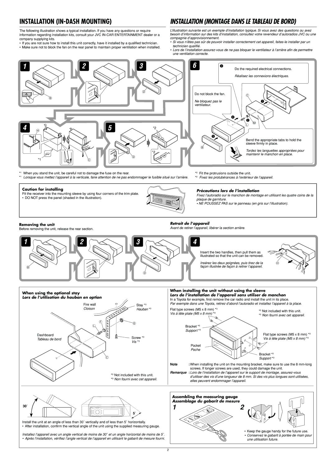 JVC KD-NX901 manual Removing the unit, When using the optional stay, When installing the unit without using the sleeve, 30˚ 