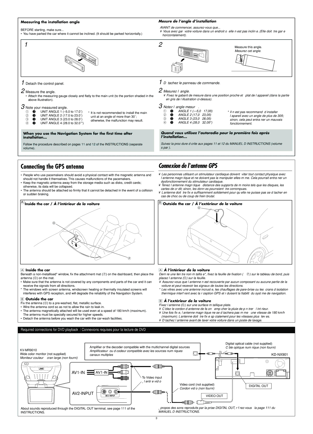 JVC KD-NX901 manual Measuring the installation angle, Inside the car, Outside the car 