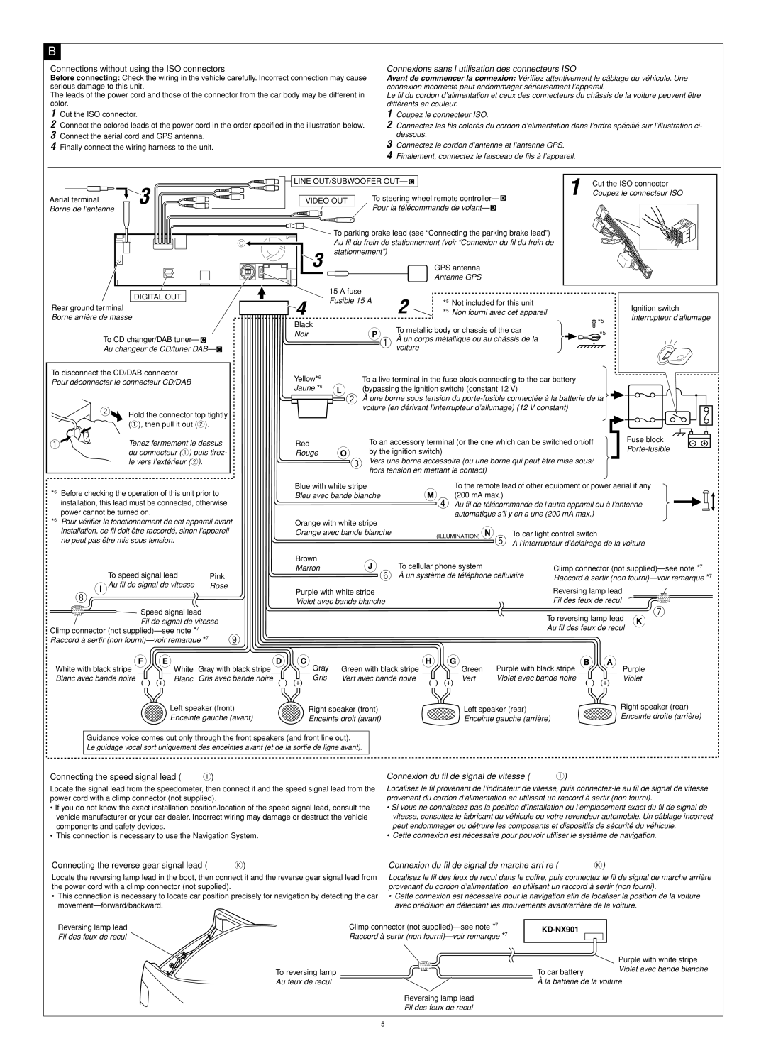 JVC KD-NX901 manual Connections without using the ISO connectors, Connecting the speed signal lead 