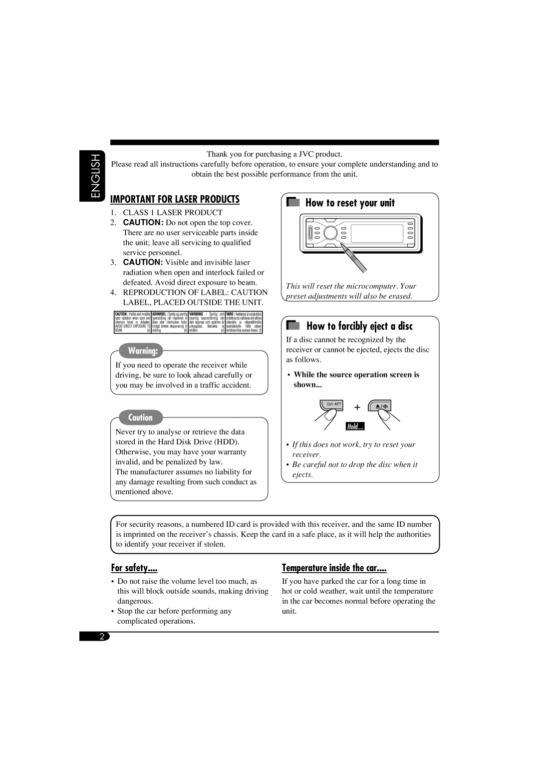 JVC KD-NX901 manual How to reset your unit, How to forcibly eject a disc, For safety, Temperature inside the car 