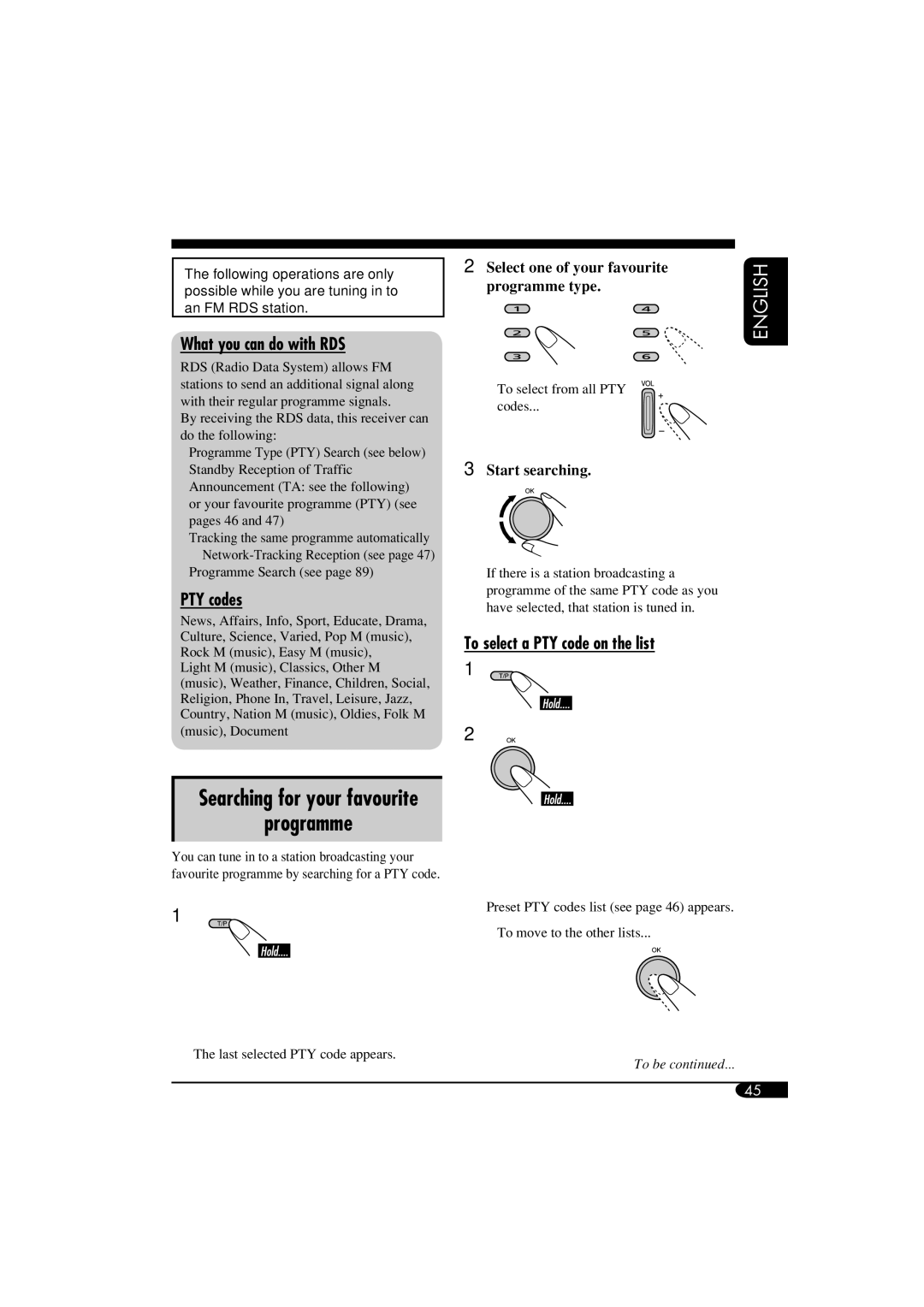 JVC KD-NX901 manual Programme, What you can do with RDS, PTY codes, To select a PTY code on the list 