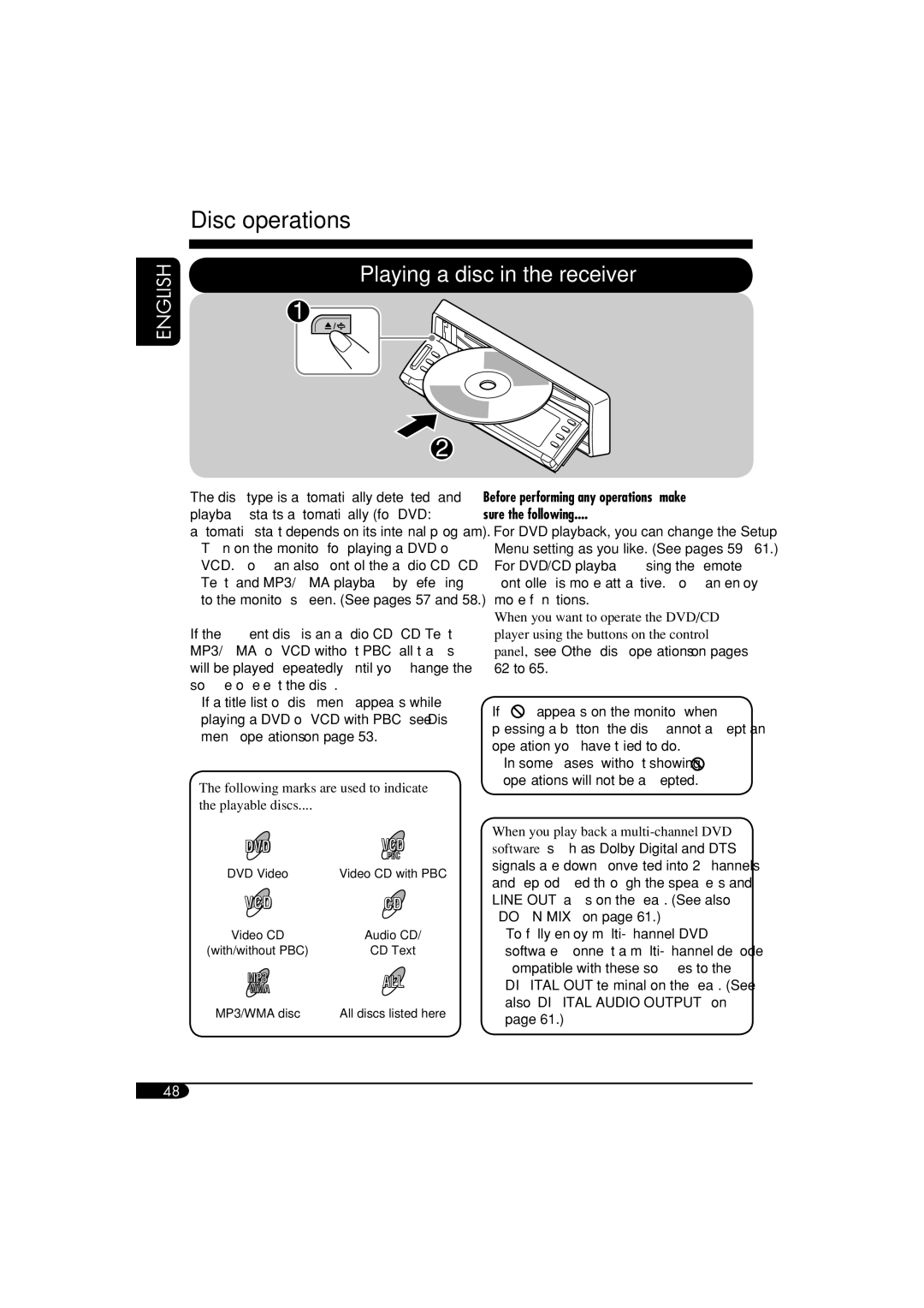 JVC KD-NX901 manual Disc operations, Playing a disc in the receiver, Following marks are used to indicate Playable discs 