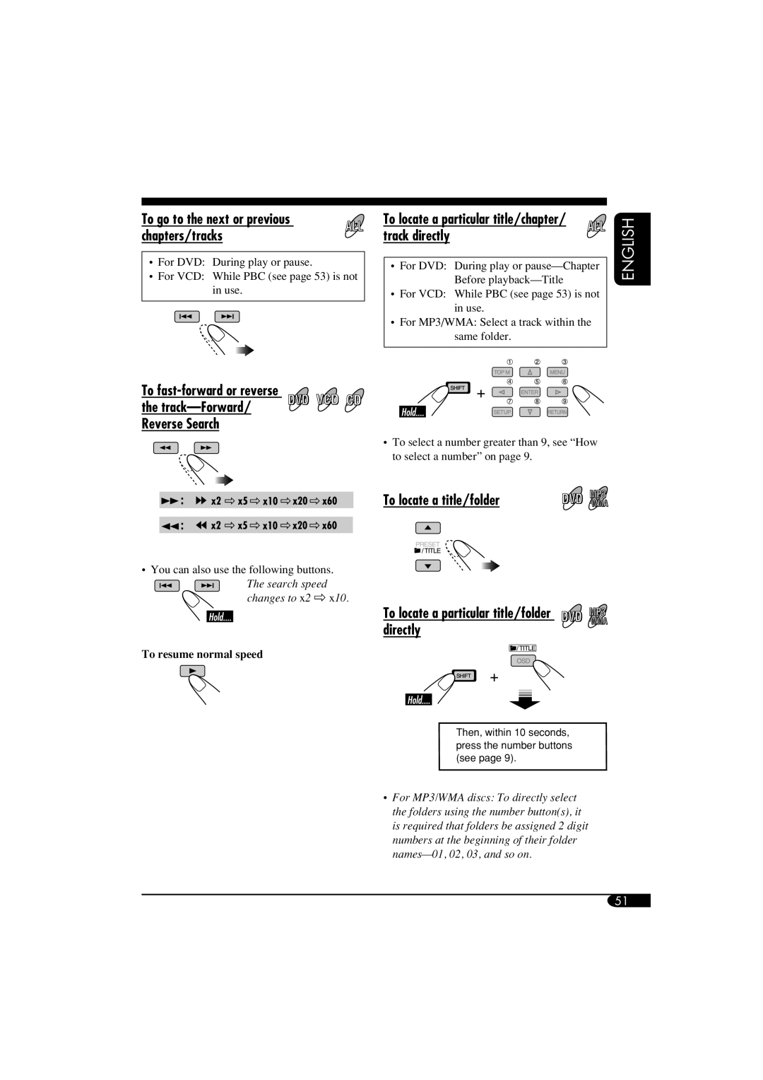 JVC KD-NX901 manual To locate a particular title/chapter/ track directly, To locate a title/folder, To resume normal speed 