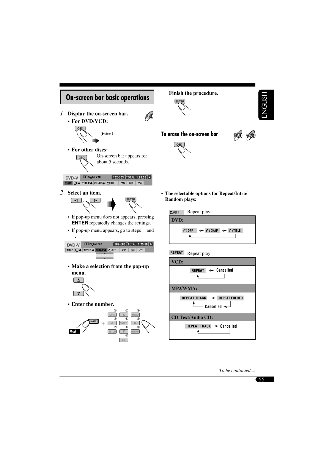 JVC KD-NX901 manual On-screen bar basic operations, To erase the on-screen bar 