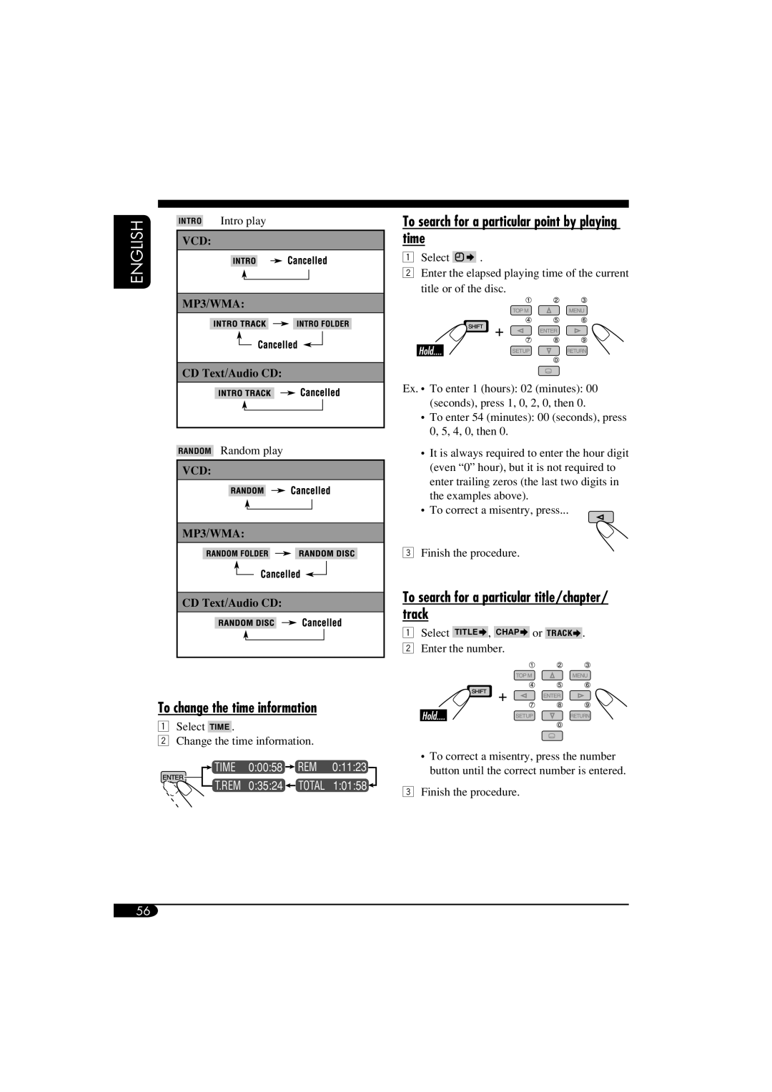 JVC KD-NX901 manual To change the time information, To search for a particular point by playing time, Intro play 