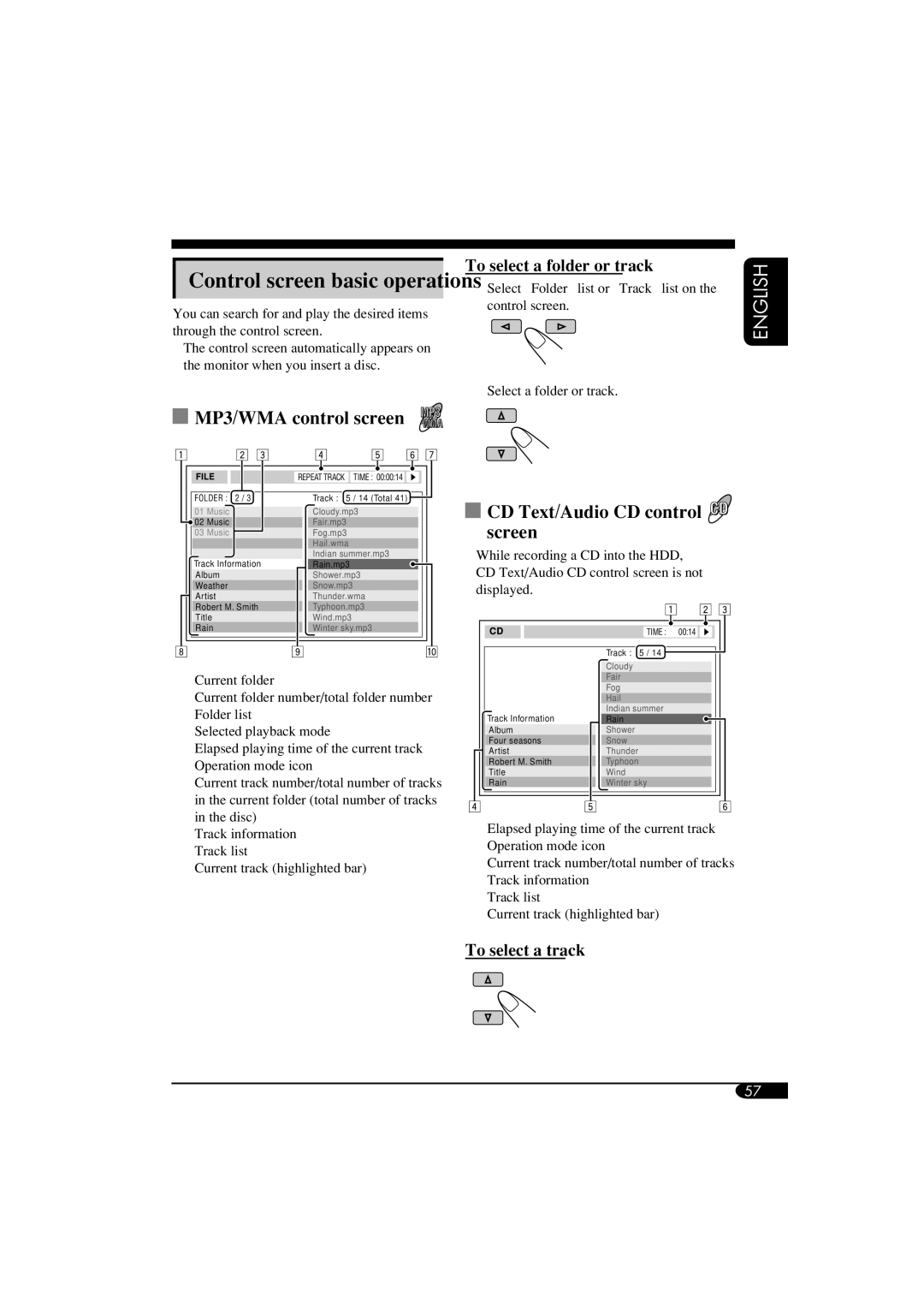 JVC KD-NX901 MP3/WMA control screen, CD Text/Audio CD control screen, Control screen basic operations, To select a track 