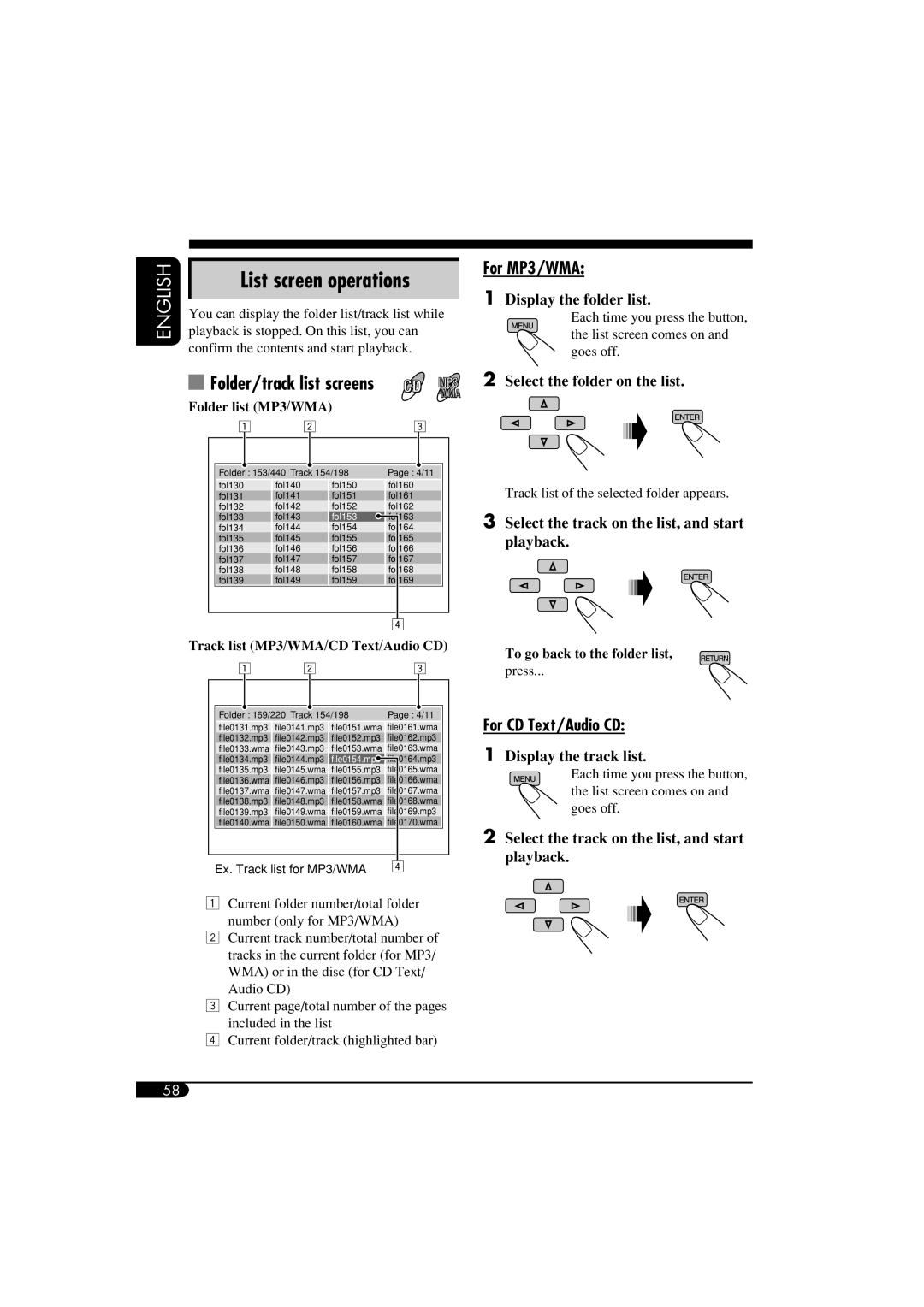 JVC KD-NX901 manual For MP3/WMA, For CD Text/Audio CD, Folder/track list screens 