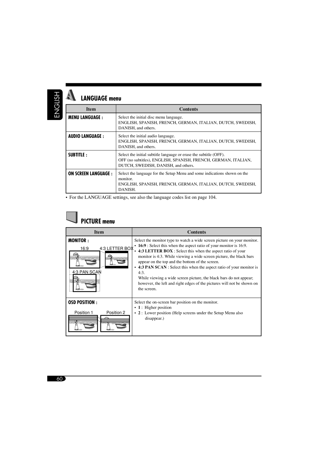 JVC KD-NX901 manual Language menu, Picture menu, Contents 