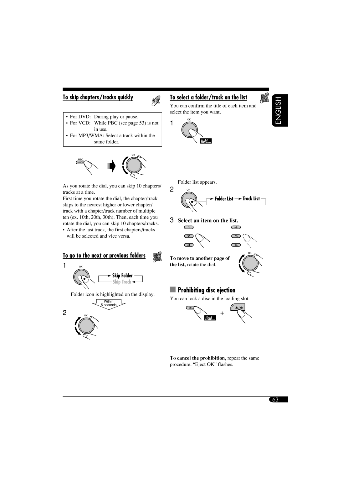 JVC KD-NX901 manual Prohibiting disc ejection, To skip chapters/tracks quickly, To select a folder/track on the list 