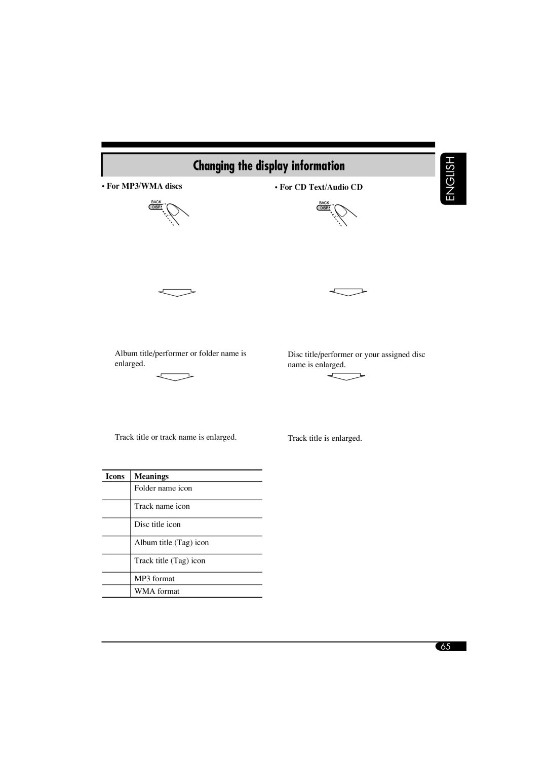 JVC KD-NX901 manual For MP3/WMA discs, Icons Meanings 