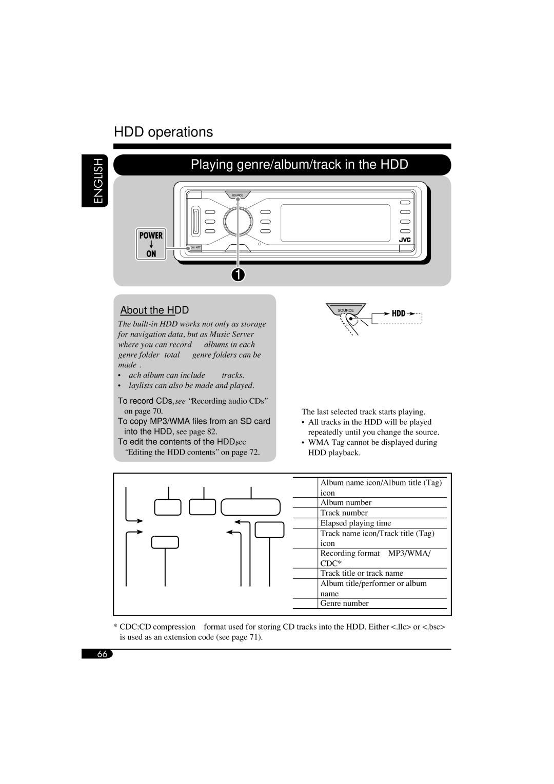 JVC KD-NX901 manual HDD operations, Playing genre/album/track in the HDD, About the HDD 