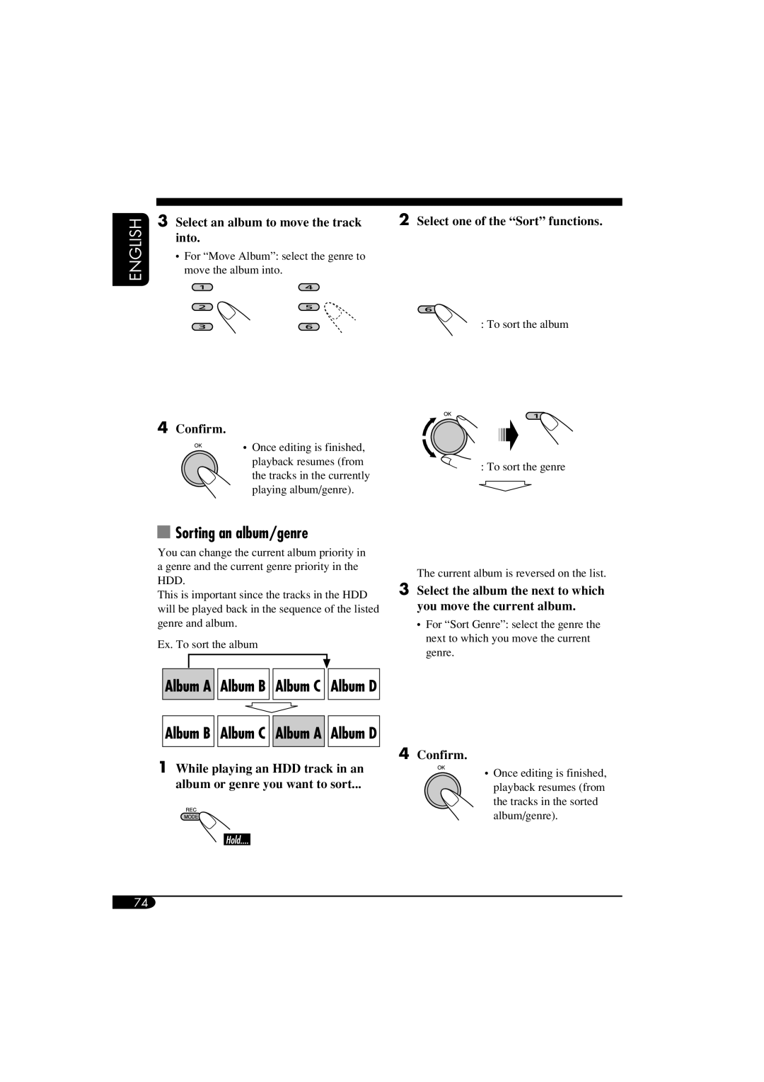 JVC KD-NX901 Sorting an album/genre, Select an album to move the track into, Confirm Select one of the Sort functions 