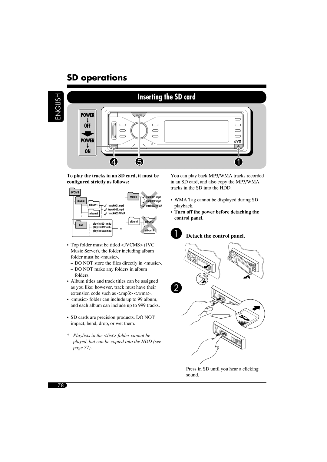 JVC KD-NX901 manual SD operations, Inserting the SD card, ~ Detach the control panel 