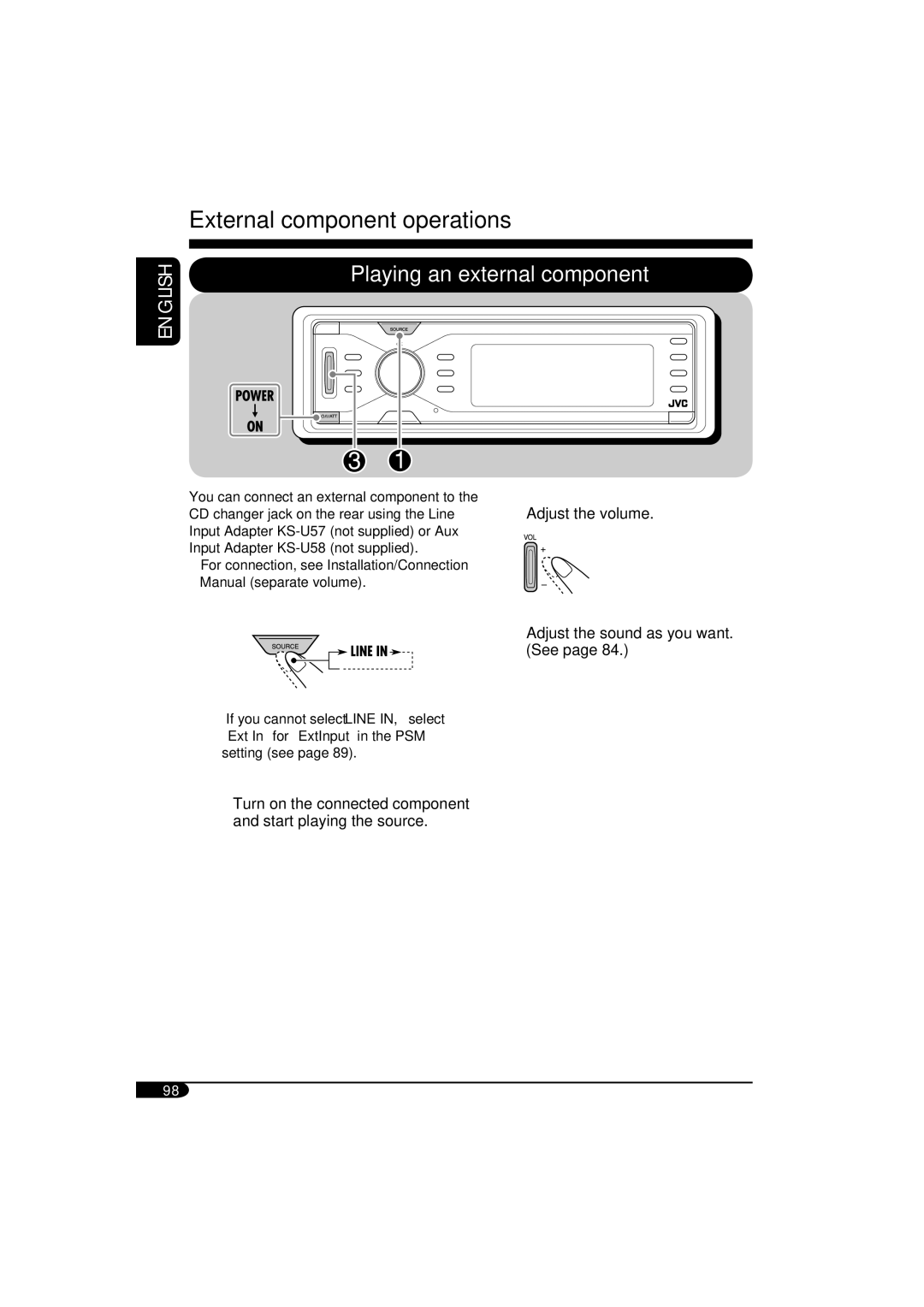 JVC KD-NX901 manual External component operations, Playing an external component, Adjust the volume 