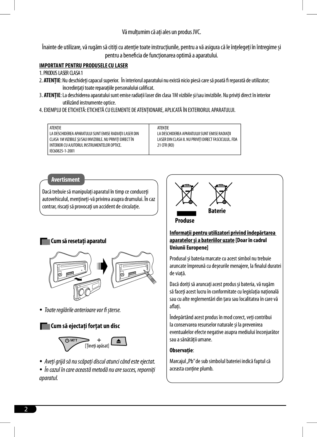 JVC KD-R203, KD-R201 manual BaterieBattery ProduseProducts, European Union only 