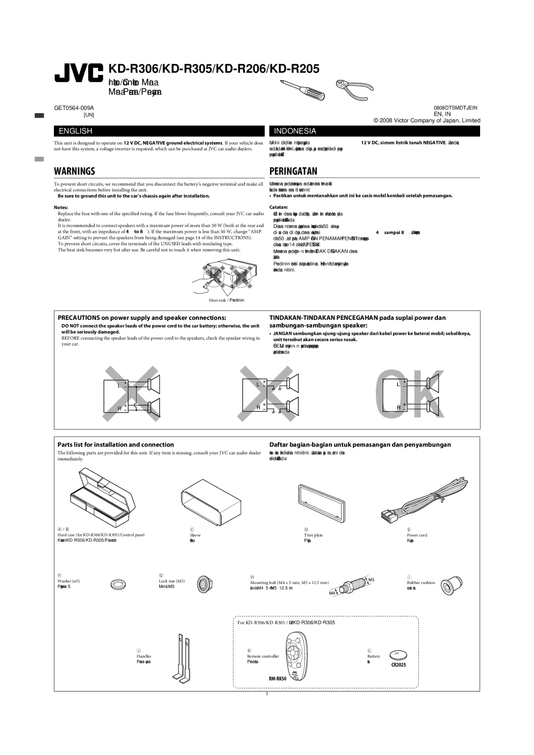 JVC KD-R301, KD-R302, KD-R303 manual Peringatan 