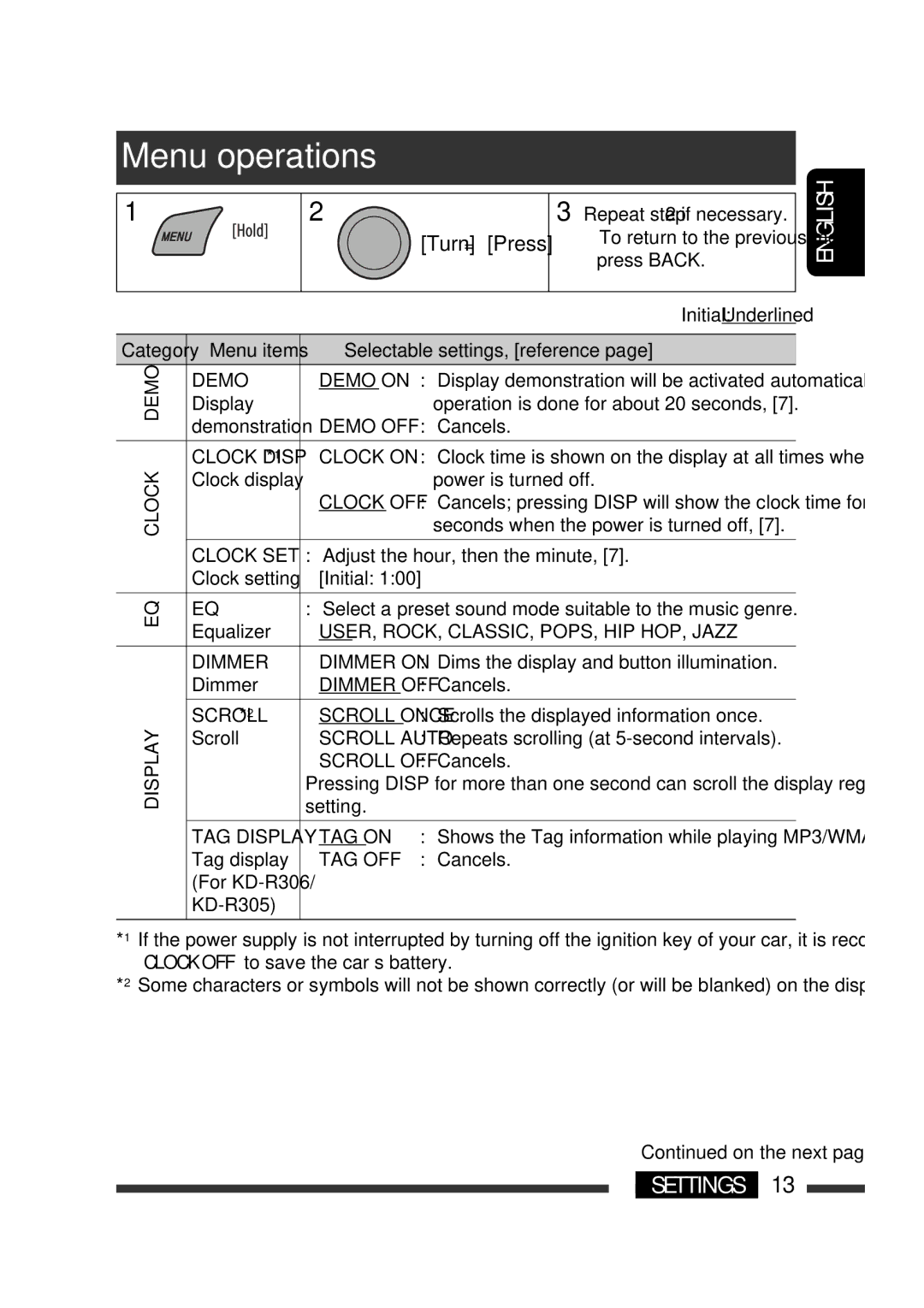 JVC KD-R301, KD-R302, KD-R303 manual Menu operations 