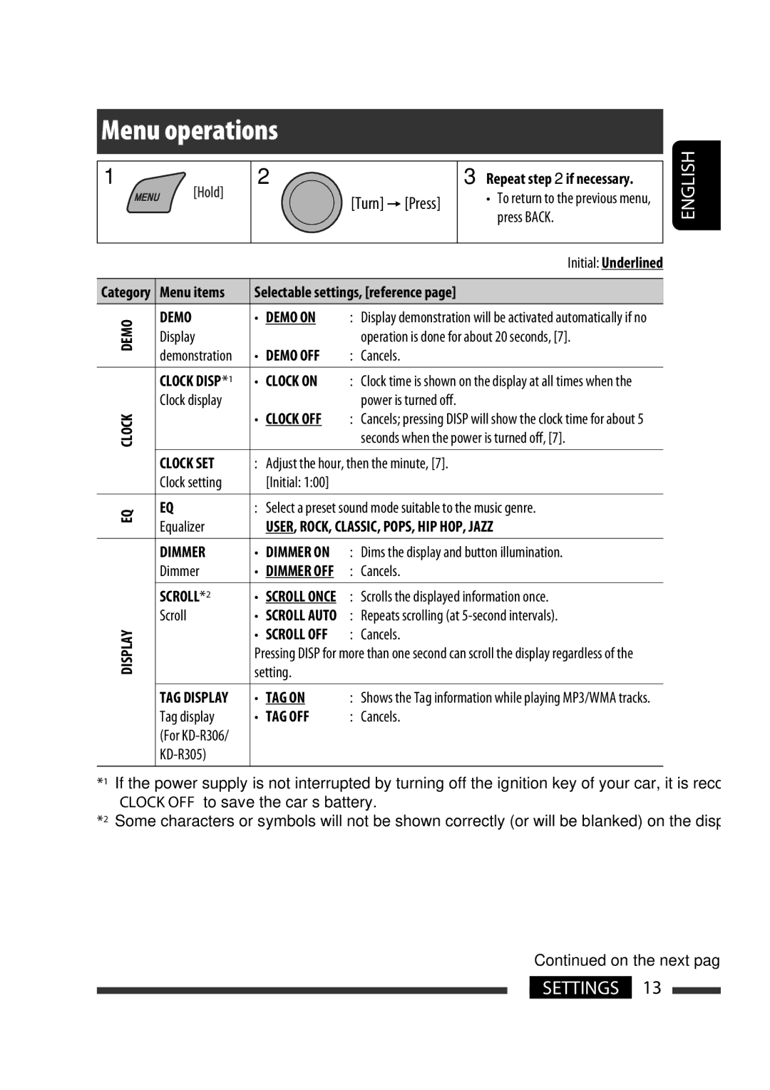 JVC KD-R301, KD-R302, KD-R303 manual Menu operations 