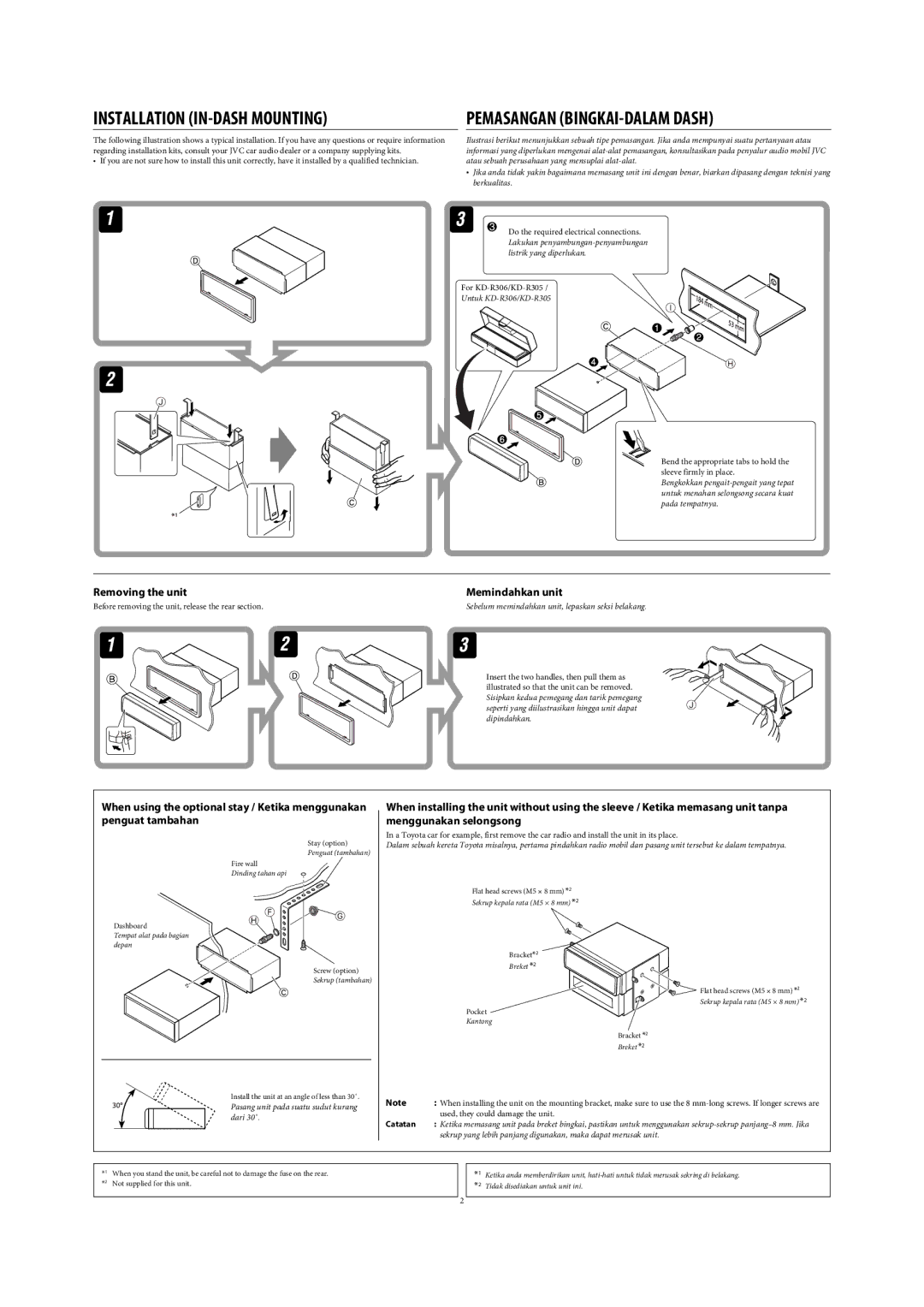 JVC KD-R303, KD-R302, KD-R301 manual Installation IN-DASH Mounting 