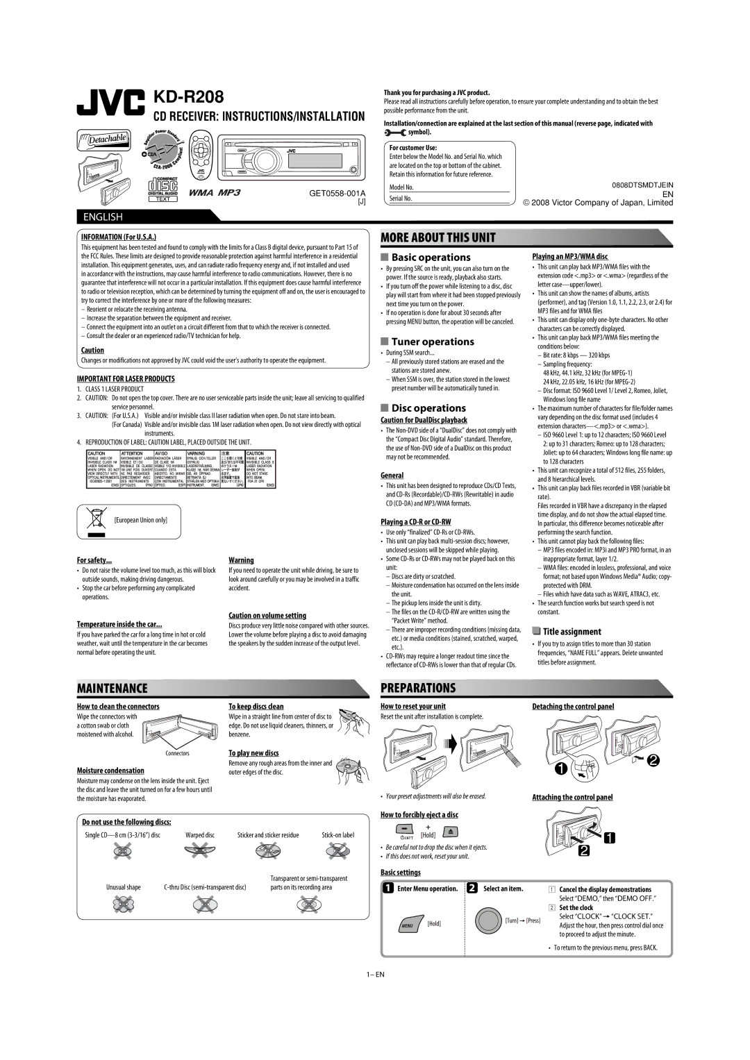 JVC KD-R303, KD-R302, KD-R301 manual Information For U.S.A 