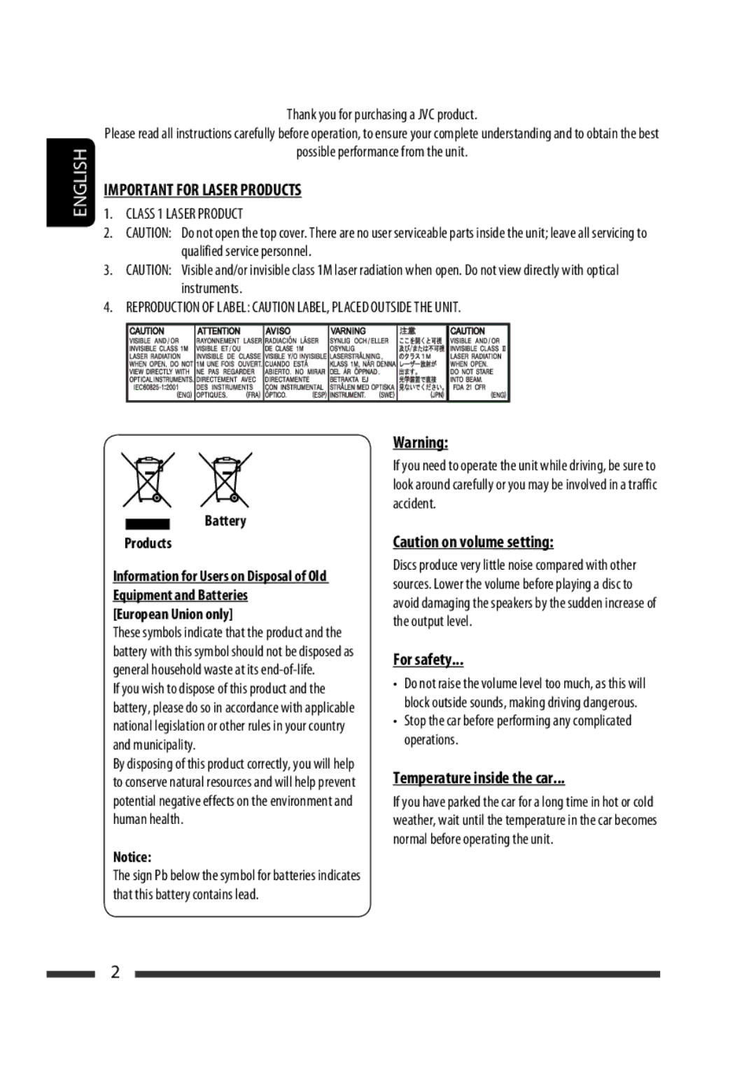 JVC KD-R301, KD-R302, KD-R303 manual For safety, Temperature inside the car, Battery Products, European Union only 