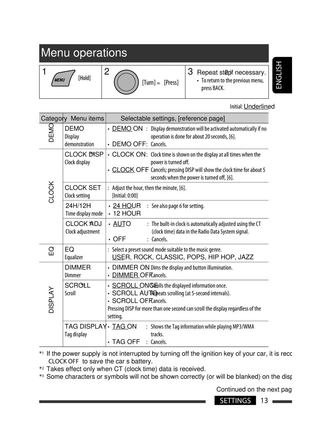 JVC KD-R302, KD-R303, KD-R301 manual Demonstration 