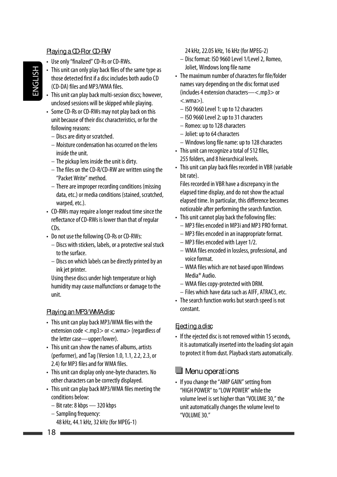 JVC KD-R301, KD-R302, KD-R303 manual Ink jet printer, Bit rate 8 kbps 320 kbps Sampling frequency 