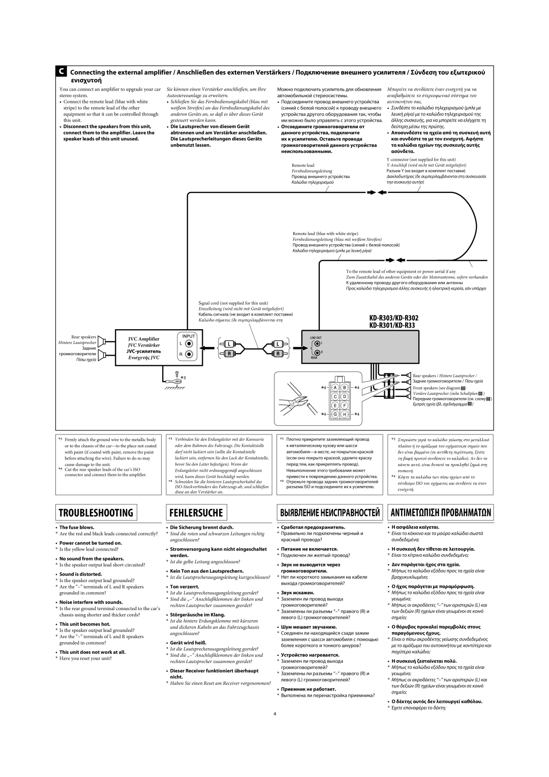 JVC KD-R302, KD-R303, KD-R301 manual Troubleshooting Fehlersuche 