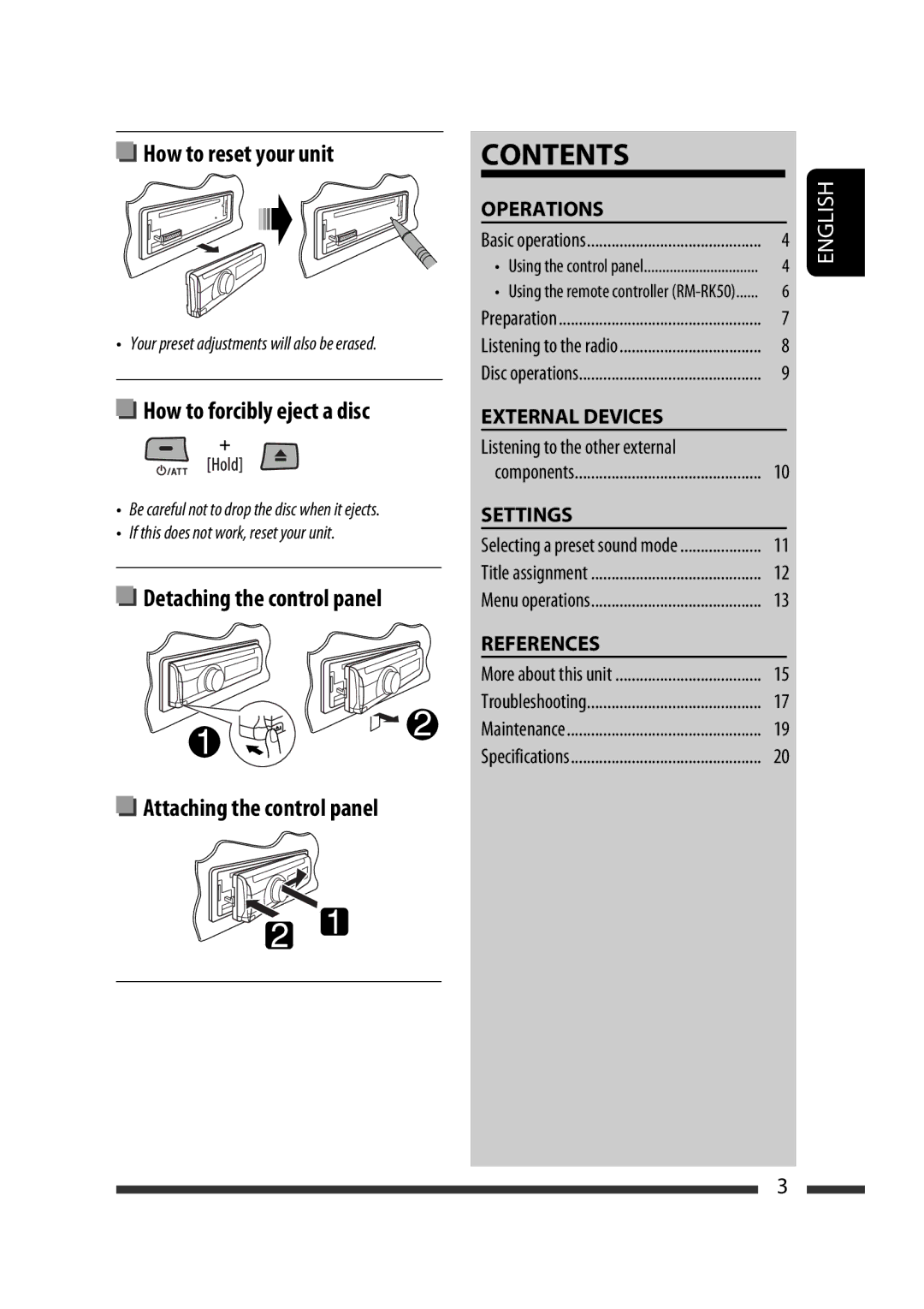 JVC KD-R303, KD-R302, KD-R301 manual Contents 