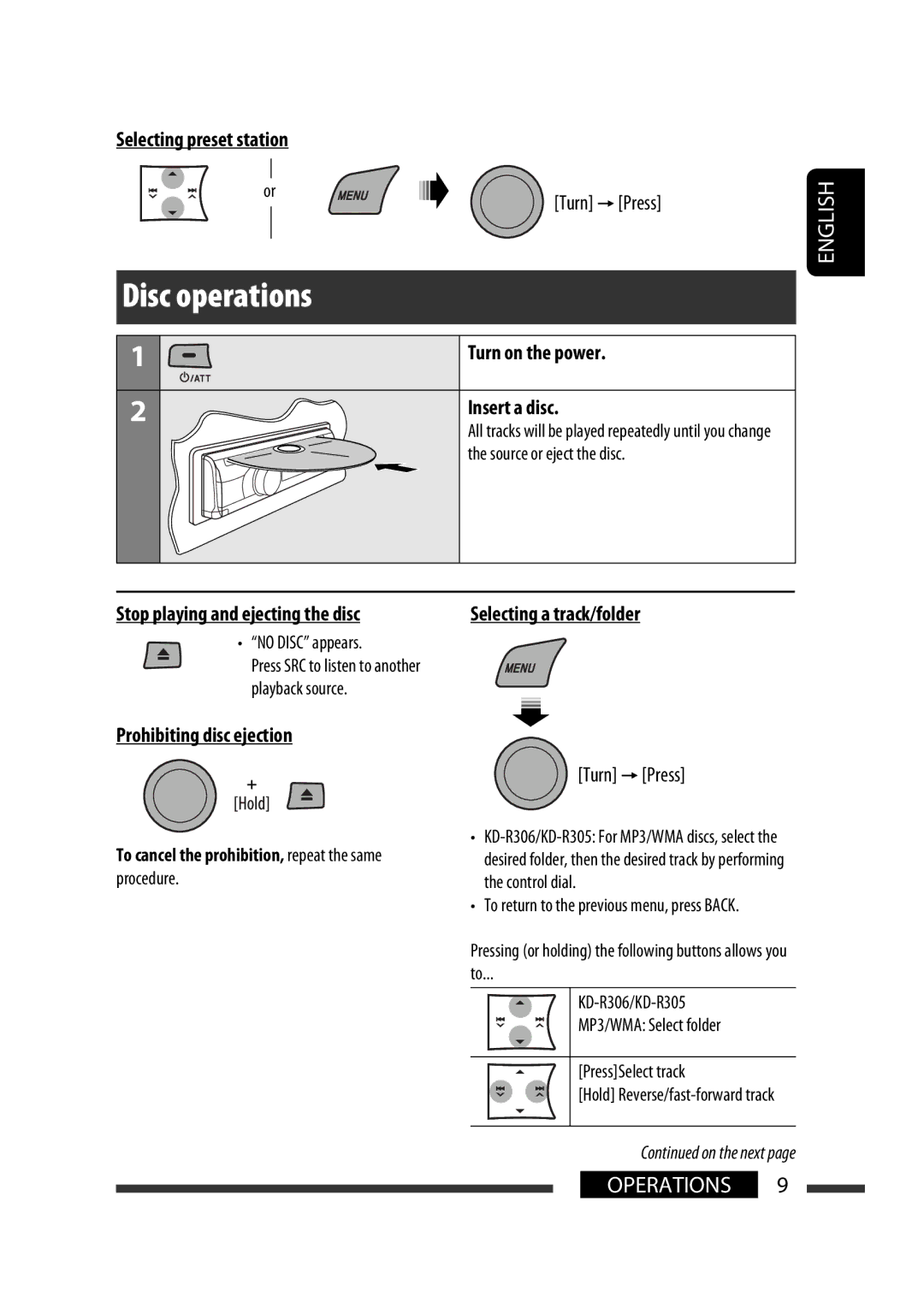 JVC KD-R303, KD-R302, KD-R301 manual Selecting preset station, KD-R306/KD-R305 MP3/WMA Select folder PressSelect track 