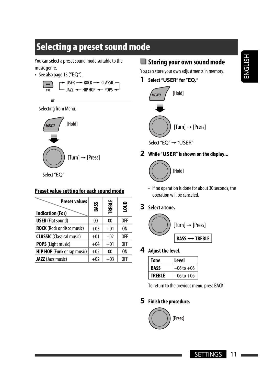 JVC KD-R302 manual Storing your own sound mode, See also page 13 EQ Selecting from Menu, While User is shown on the display 