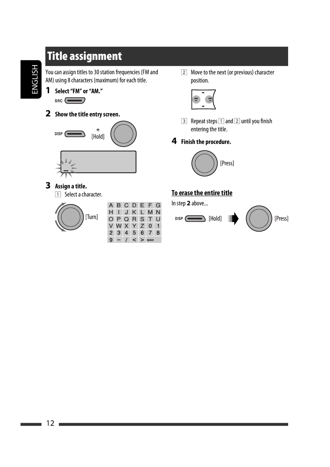 JVC KD-R303 manual Title assignment, Select FM or AM Show the title entry screen Assign a title, Select a character, Above 