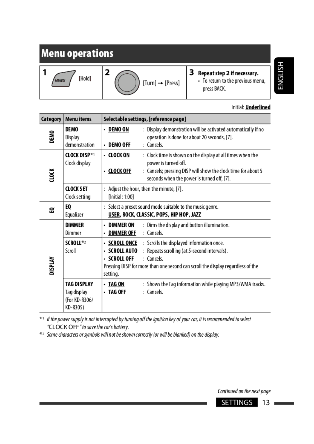 JVC KD-R301, KD-R302, KD-R303 manual Menu items, Demo Demo on, Dims the display and button illumination, Tag display, KD-R305 