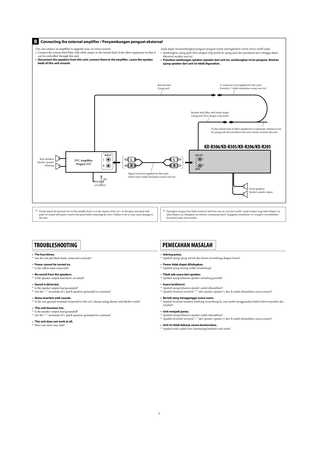 JVC KD-R301 manual Pemecahan Masalah, B Connecting the external amplifier / Penyambungan penguat eksternal, Troubleshooting 