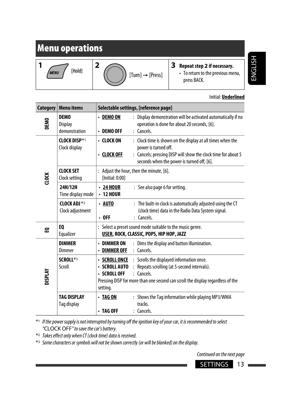 JVC KD-R302, KD-R303, KD-R301 manual Menu operations, English, Settings, Continued on the next page, demonstration 