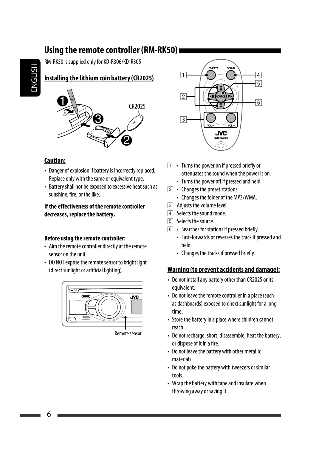 JVC KD-R303 manual Using the remote controller RM-RK50, Installing the lithium coin battery CR2025, English, Remote sensor 