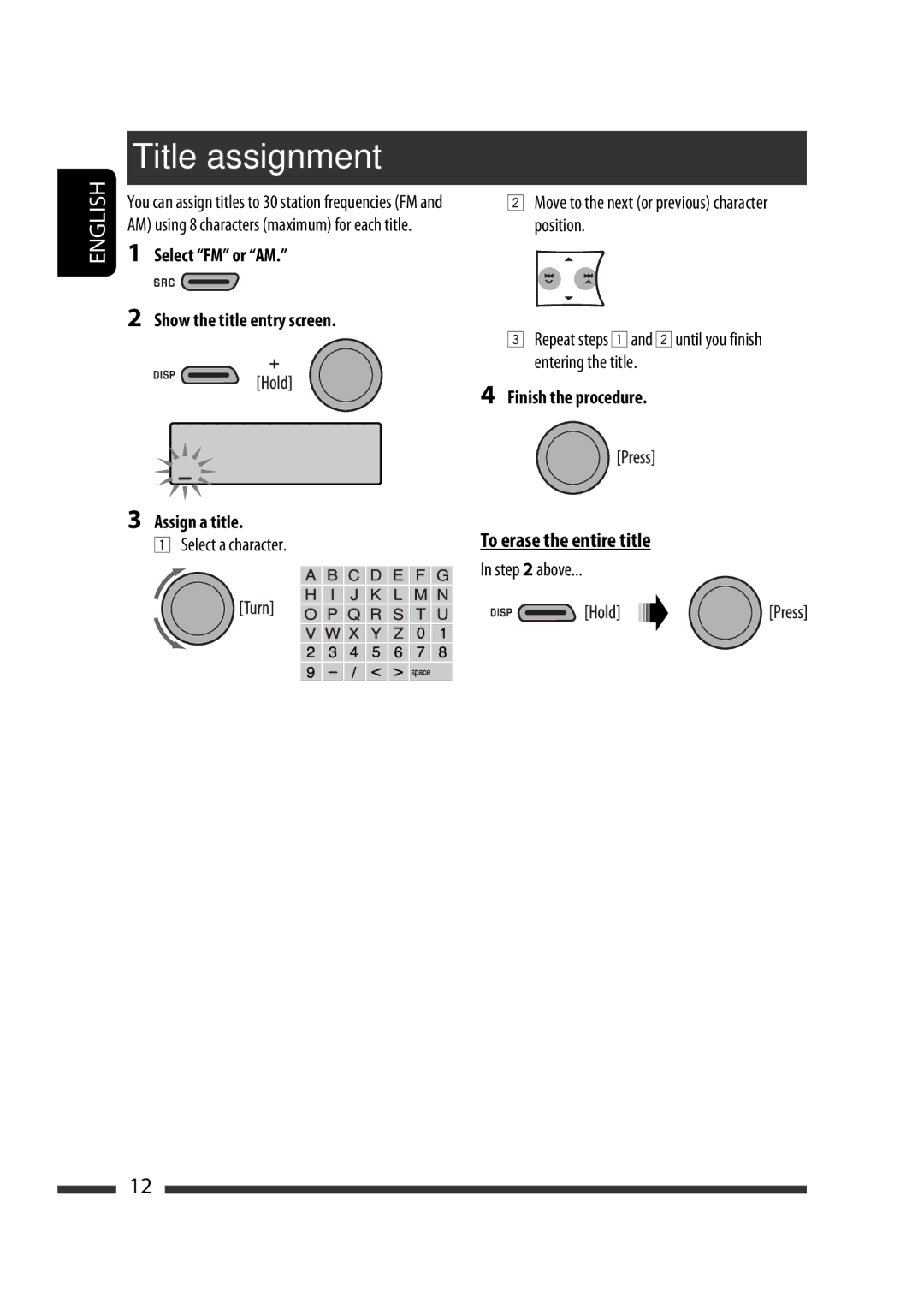 JVC KD-R306, KD-R206, KD-R205, KD-R305 manual Title assignment, To erase the entire title, Select a character, Above 