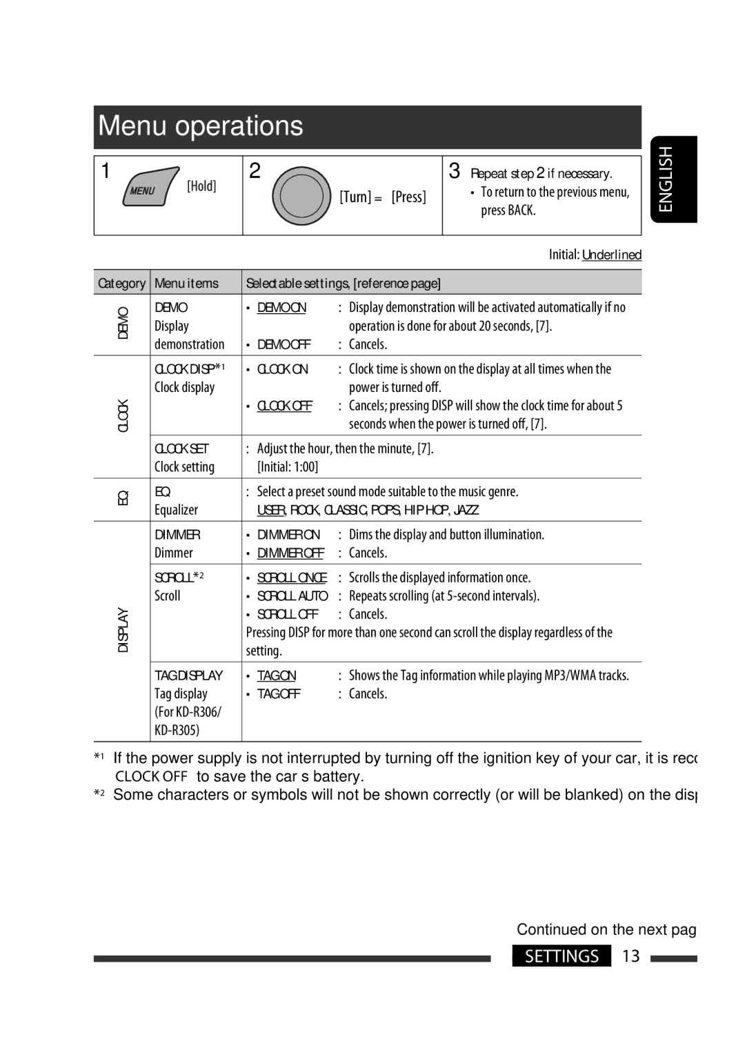 JVC KD-R206, KD-R306, KD-R205, KD-R305 manual Menu operations 