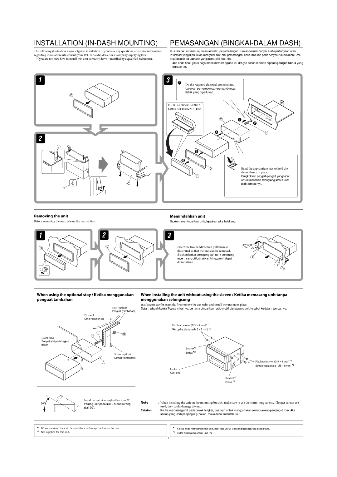 JVC KD-R306, KD-R206, KD-R205, KD-R305 manual Installation IN-DASH Mounting 