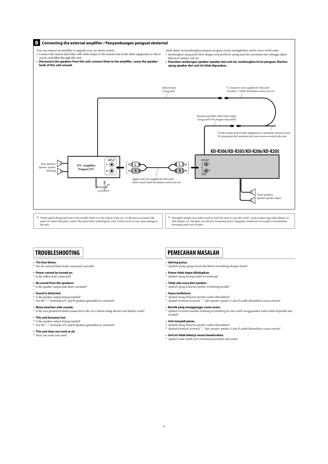 JVC KD-R205, KD-R306, KD-R206, KD-R305 manual Troubleshooting 