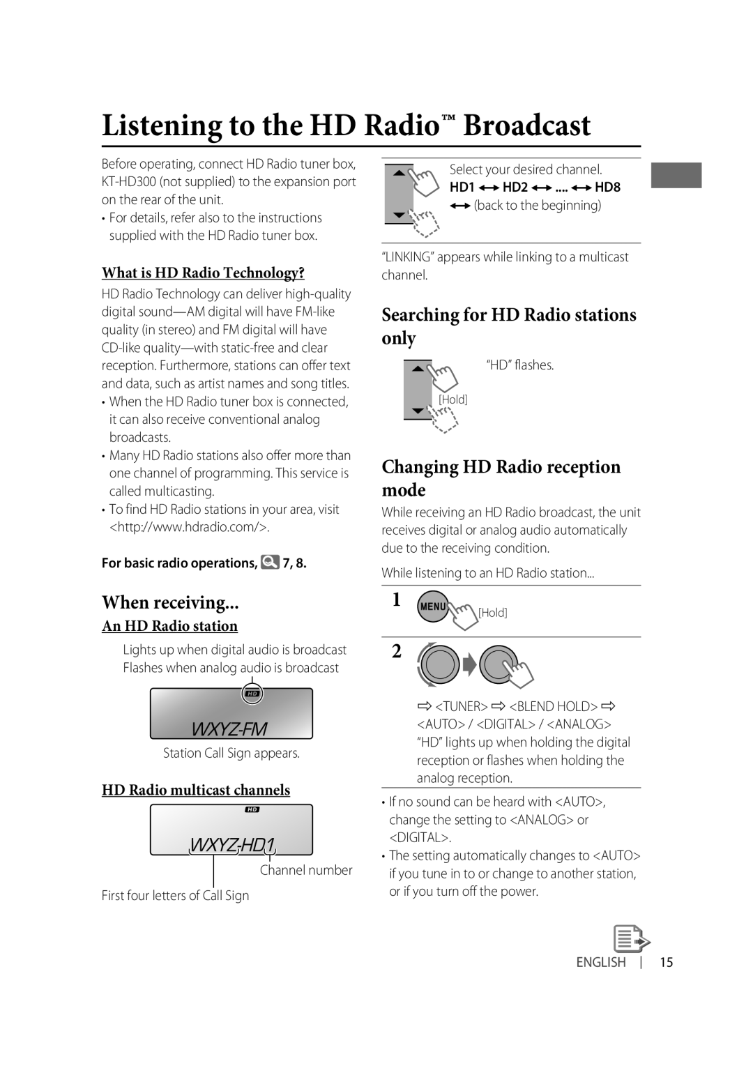 JVC KD-A315, KD-R310 manual Listening to the HD Radio Broadcast, When receiving, Searching for HD Radio stations only 