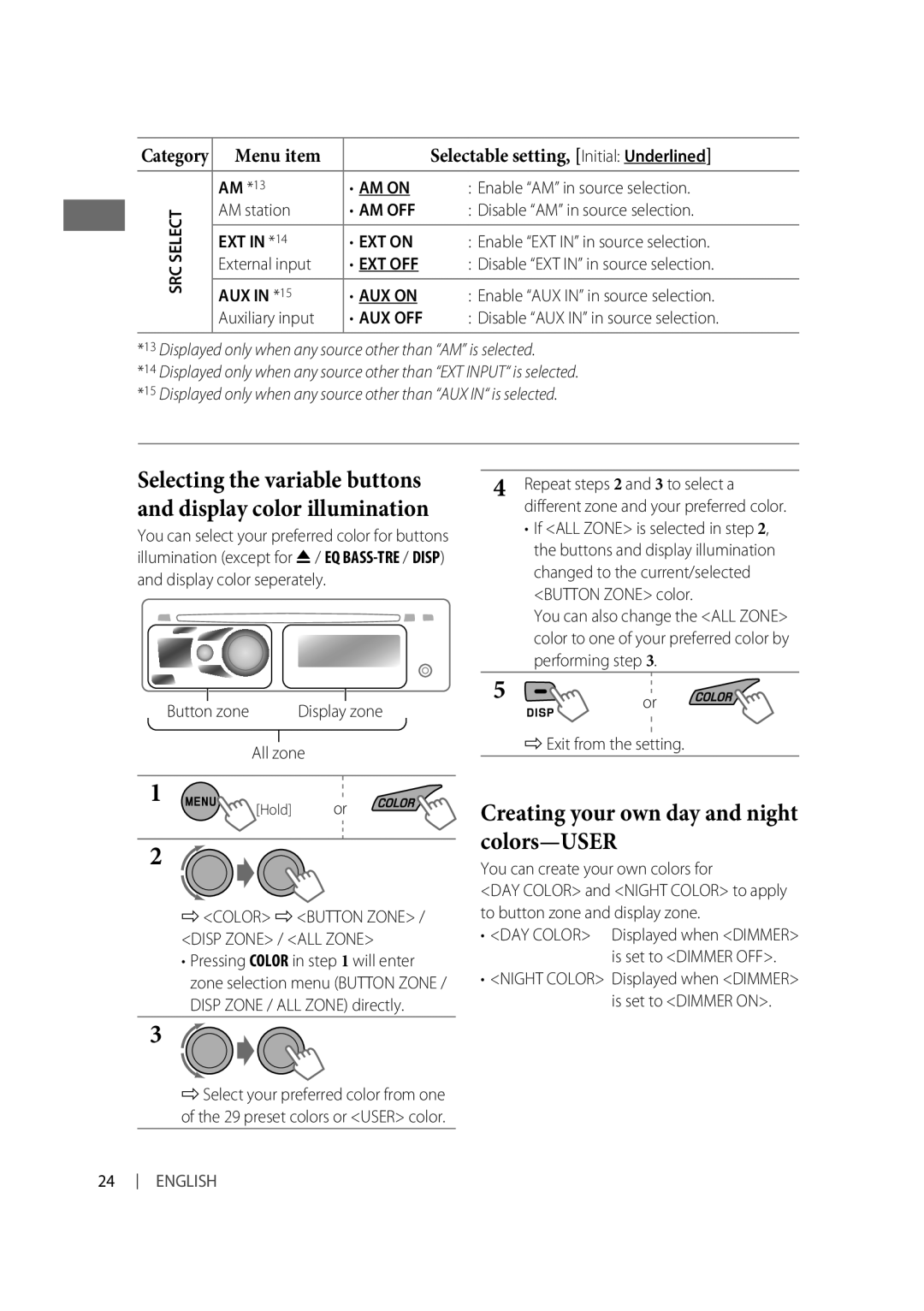 JVC KD-R310, KD-A315 manual Creating your own day and night colors-USER, AM on, Am Off, EXT on, AUX on 